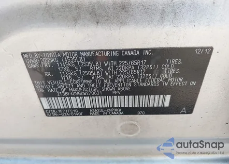 2012 Toyota Rav4 z USA, uszkodzony, nr VIN 2T3BF4DV6CW270631